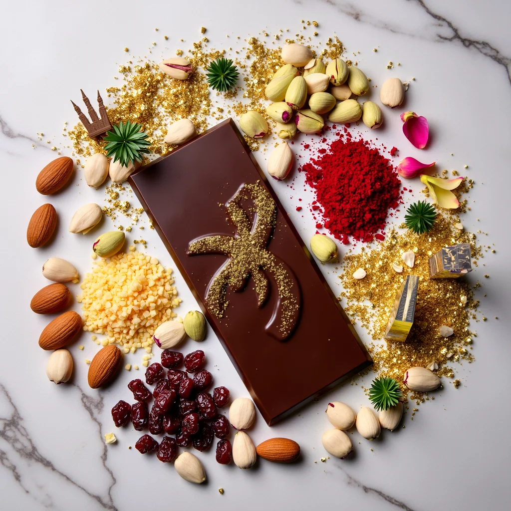 "Rich and creamy Dubai chocolate bar made with premium ingredients, elegantly presented on a wooden board."